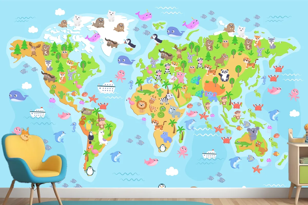  World Map With Animals For Kids Wallpaper Mural