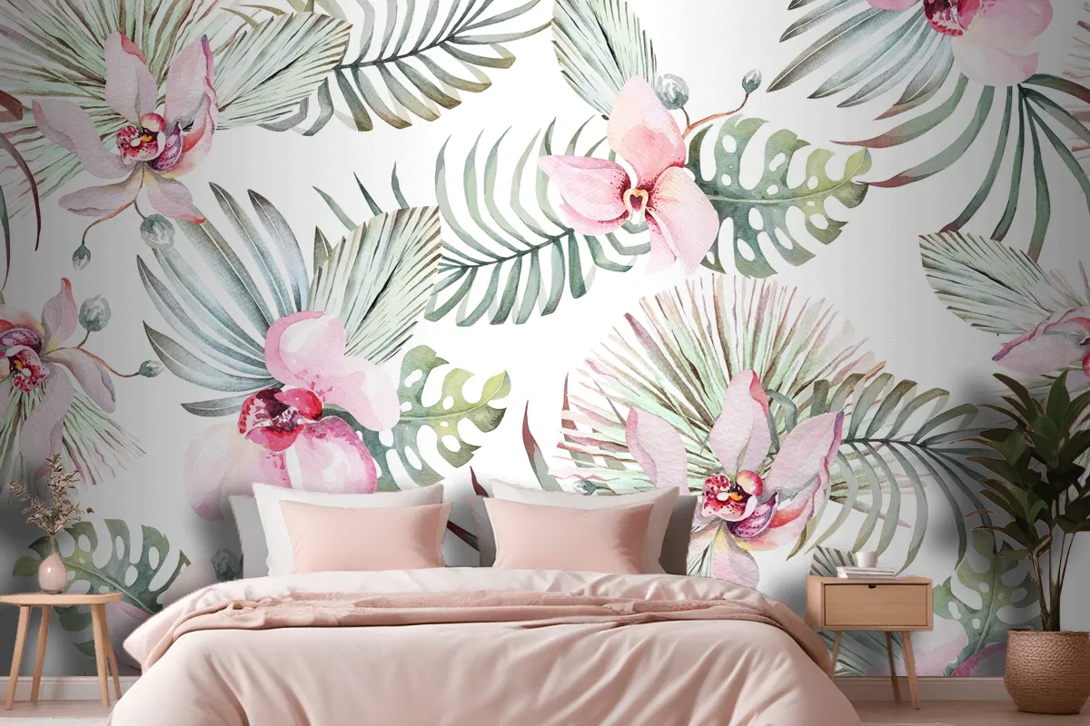 Seamless Pattern Of Tropical Plant Orchid And Flower For Fabric Wallpaper Mural