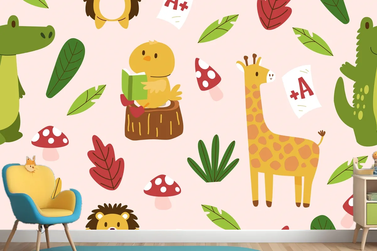 Hand Drawn Childlike Animals Pattern Wallpaper Mural