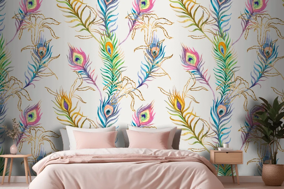 Background Of Peacock Feather Colorful Watercolor Pattern Wallpaper Mural