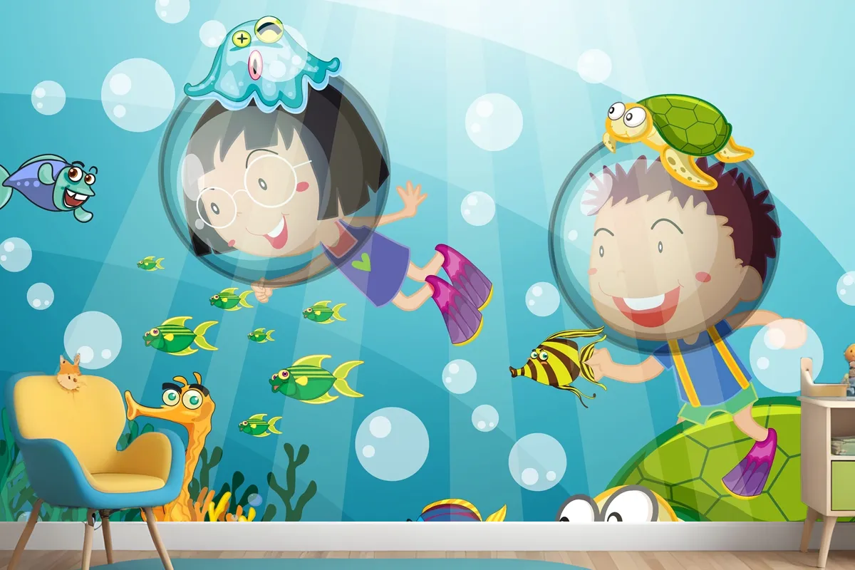 Underwater Scene With Happy Kids Scuba Diving Wallpaper Mural