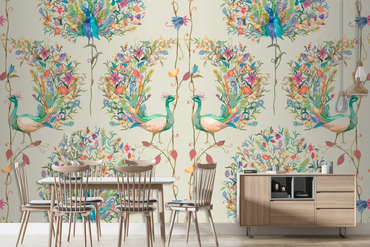 Pattern Background With Watercolor Peacock And Flower Wallpaper Mural