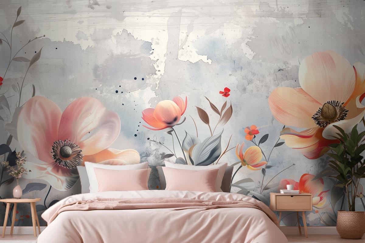 Watercolor Flowers Blue Wallpaper Mural