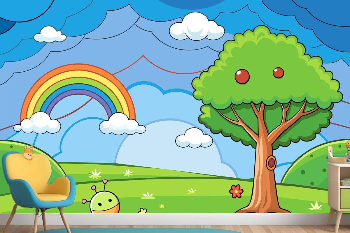 A Colorful Illustration Of A Rainbow With A Tree And A Rainbow In The Wallpaper Mural