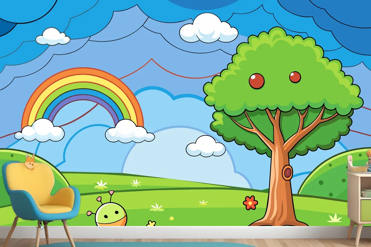 A Colorful Illustration Of A Rainbow With A Tree And A Rainbow In The Wallpaper Mural