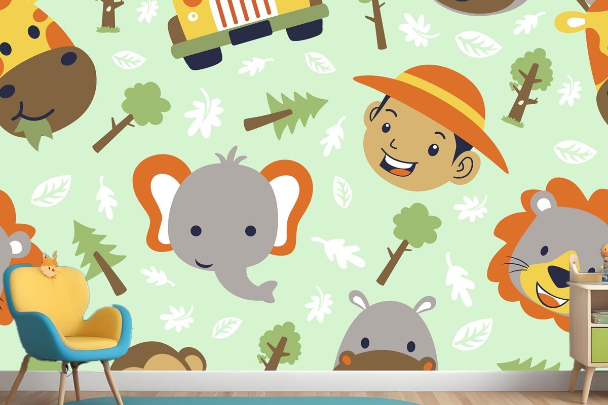 Funny Safari Animals Head Cartoon With Little Boy Head On Seamless Pattern Wallpaper Mural