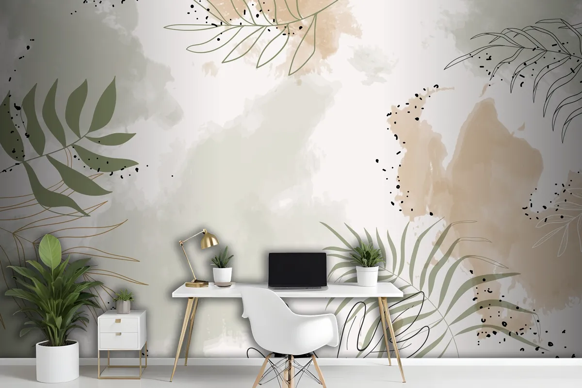 Beige Leafy Watercolor Background Wallpaper Mural