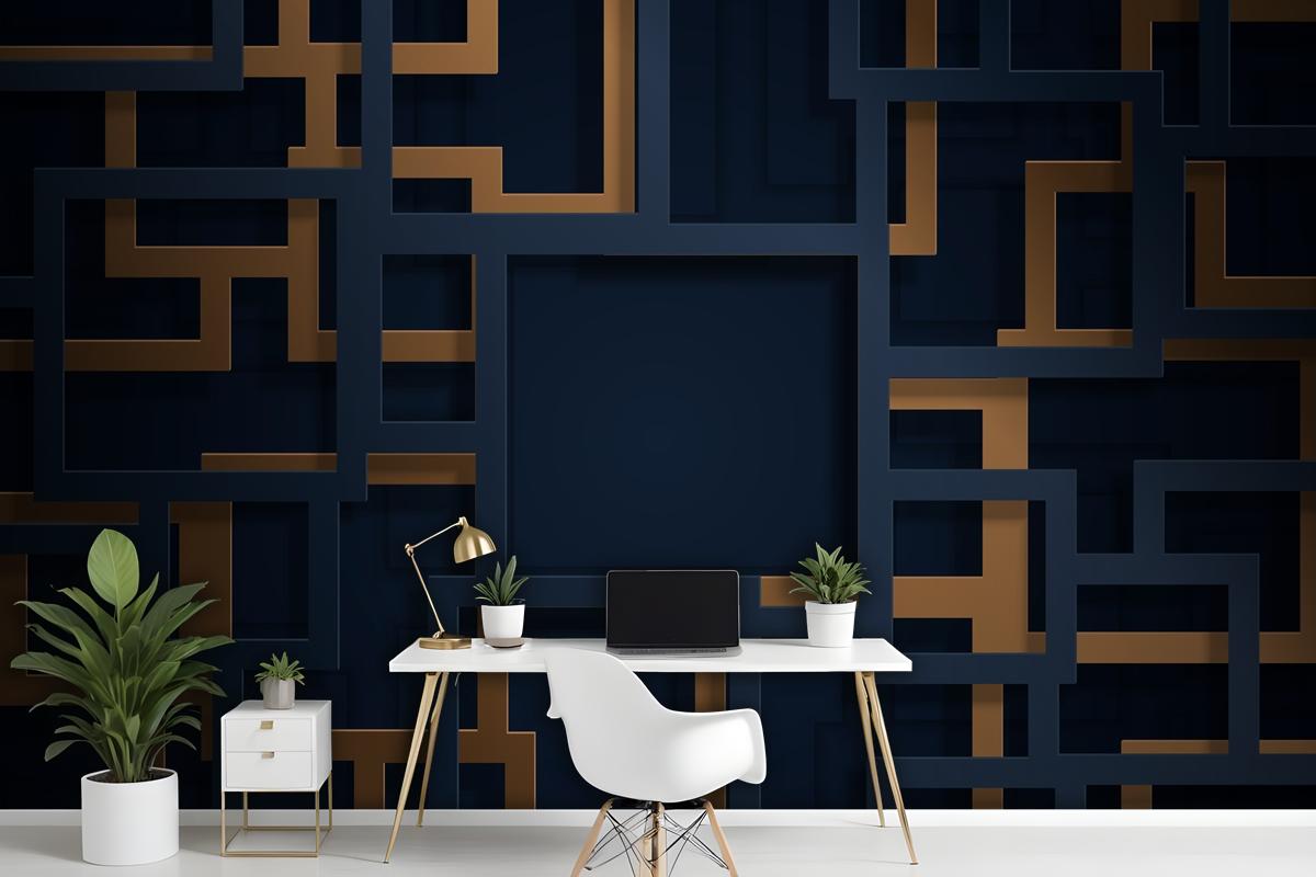 3D Blue And Gold Lines In Paper Cut Style Wallpaper Mural