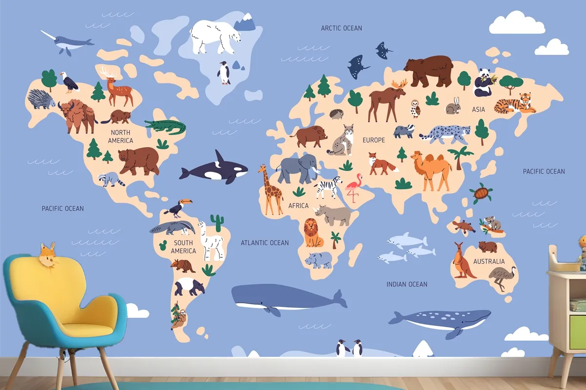 World Map With Animals In Water And On Earth Geography Wallpaper Mural