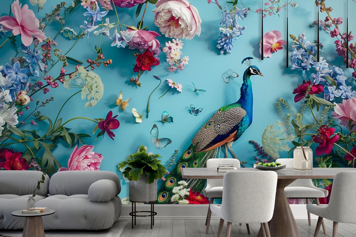 A Peacock Surrounded By Flowers And Butterflies Wallpaper Mural