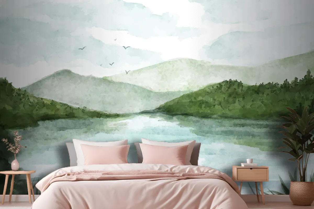 Watercolor Lake Scenery Wallpaper Mural