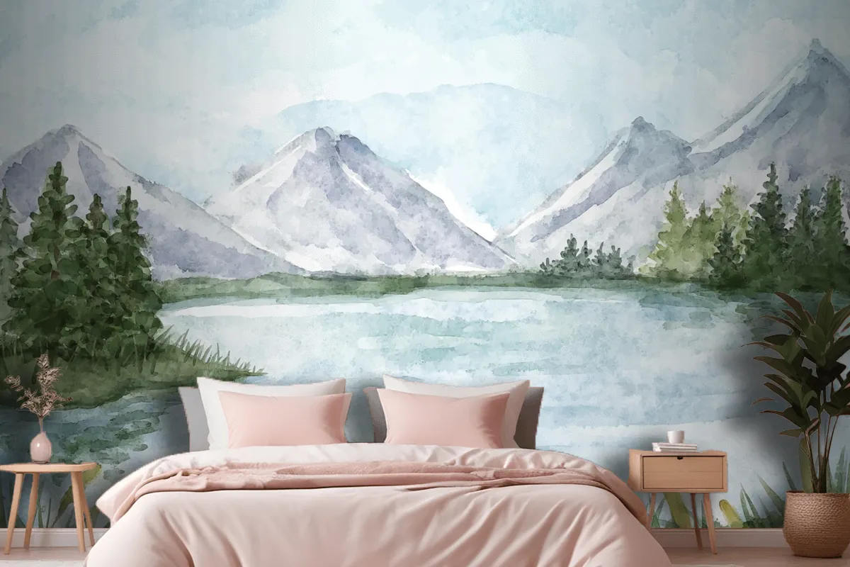 Watercolor Lake Scenery Wallpaper Mural