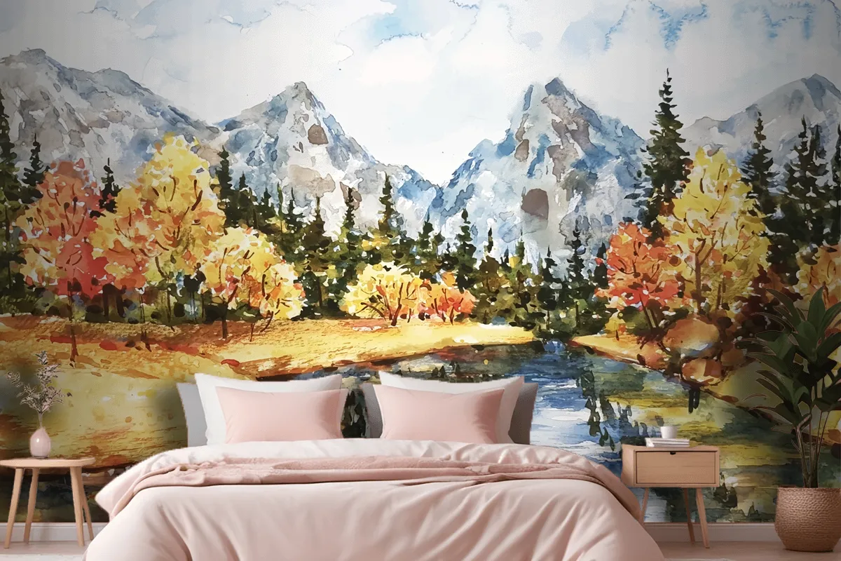 Watercolor Autumn Landscape Wallpaper Mural