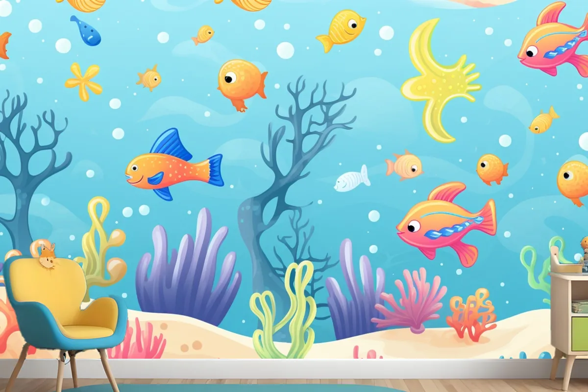 A Painting Of A Coral Reef With A Clown Fish And Coral Wallpaper Mural