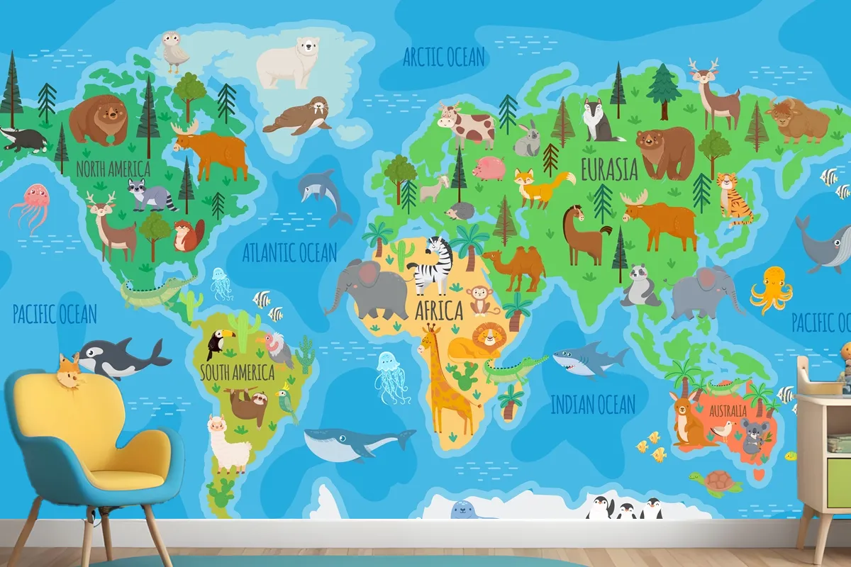 Cartoon World Map For Kids Nursery With Forest Animals Wallpaper Mural