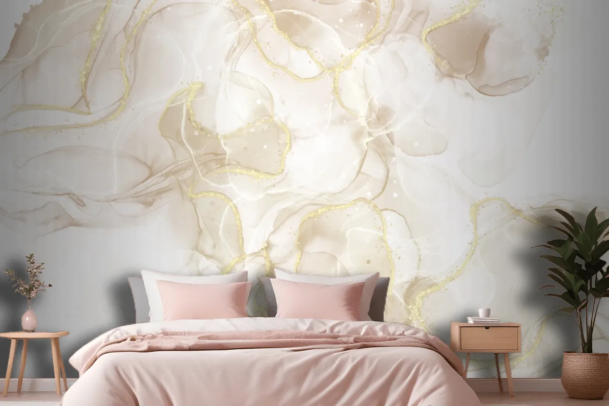 Fluid Art Hand Painted Background With Gold Glitter Elements Wallpaper Mural