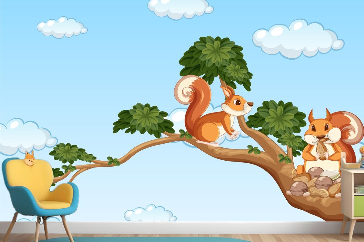 Two Squirrels On The Branch Wallpaper Mural