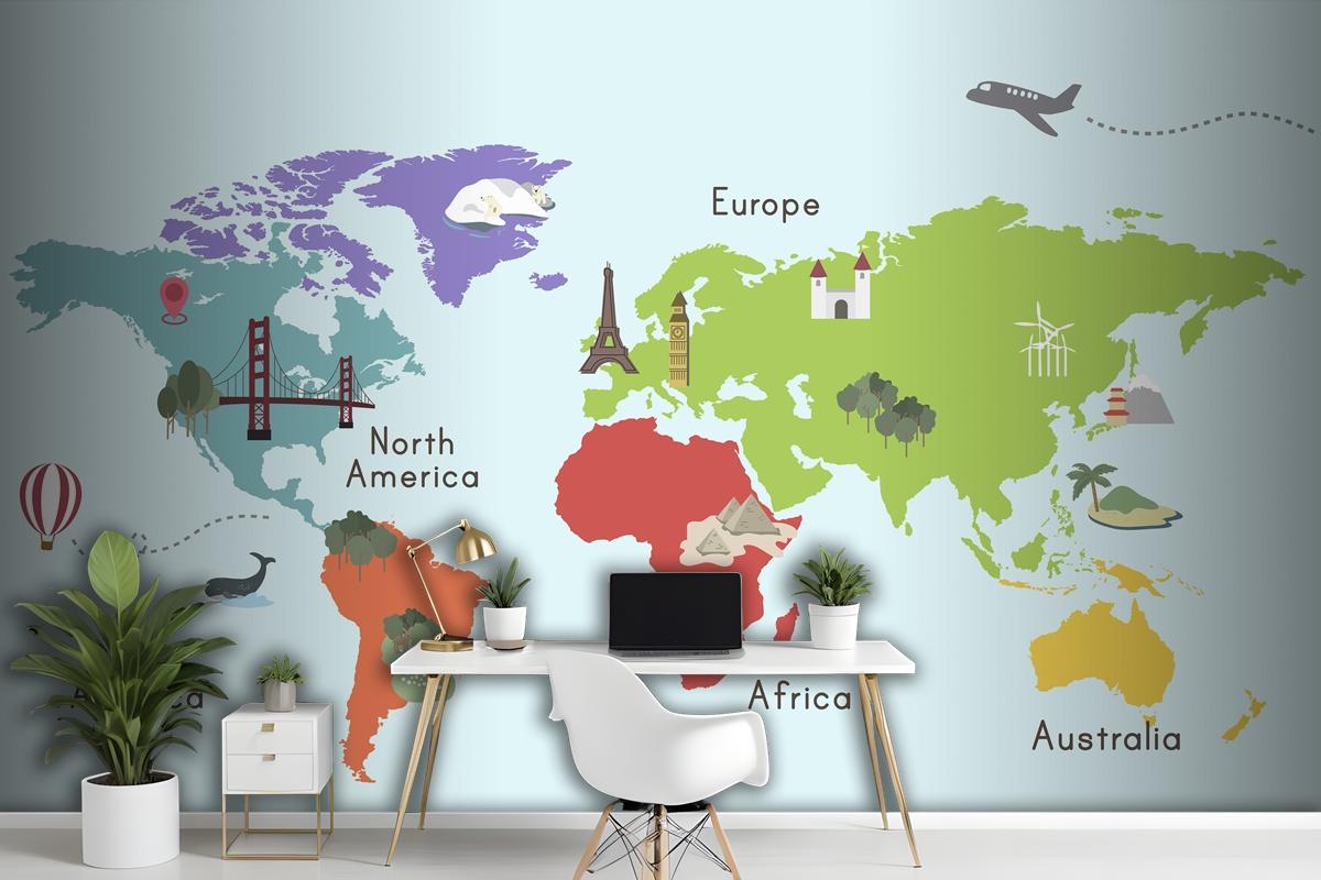 World Continent Map Location Graphic Wallpaper Mural