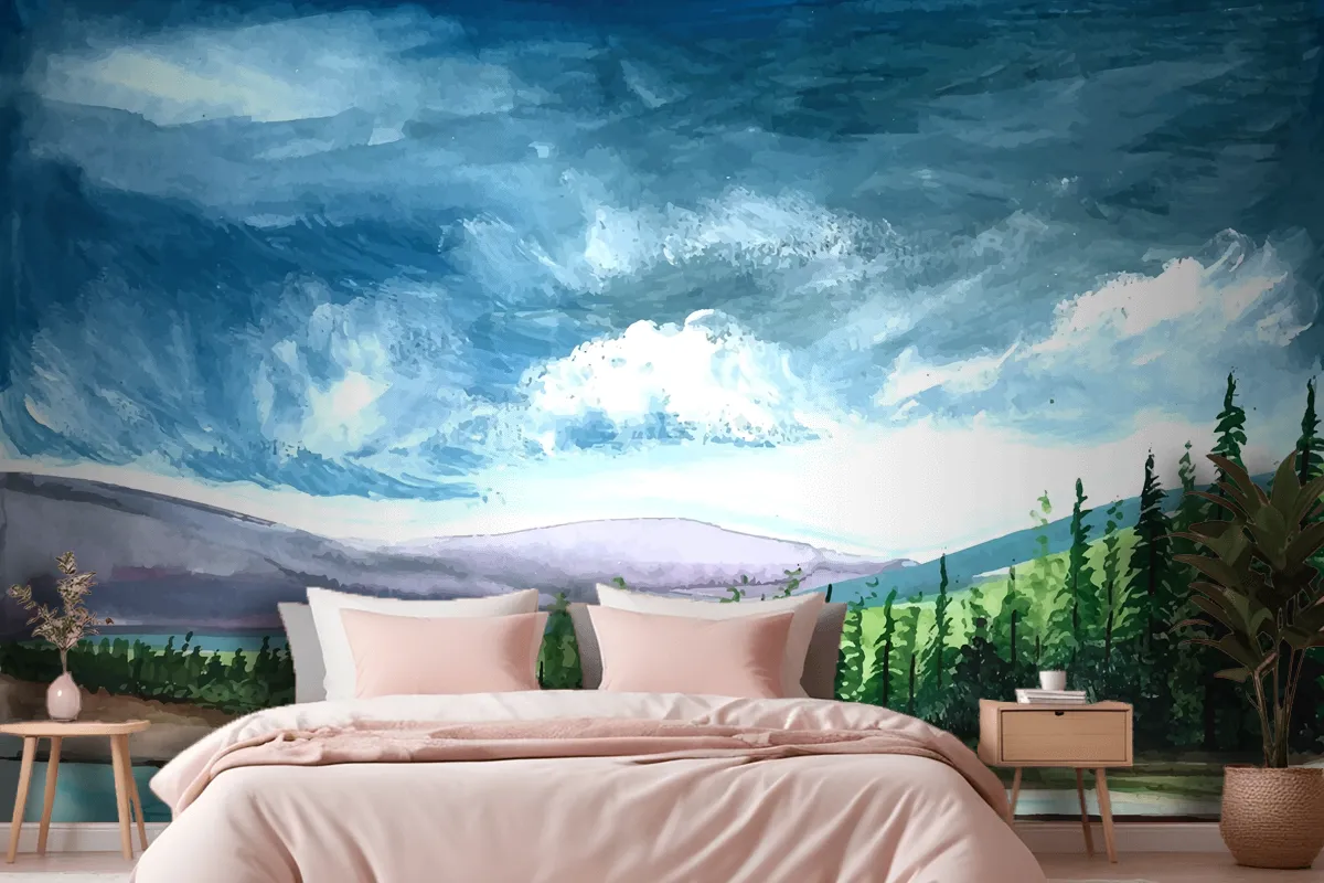 Hand Draw Spring Landscape Scene Watercolor Wallpaper Mural