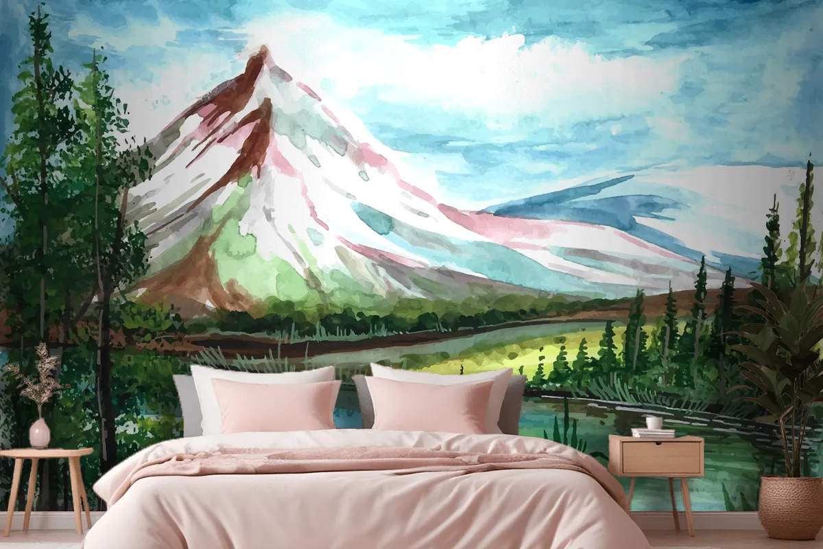 Hand Draw Spring Landscape Scene Watercolor Wallpaper Mural