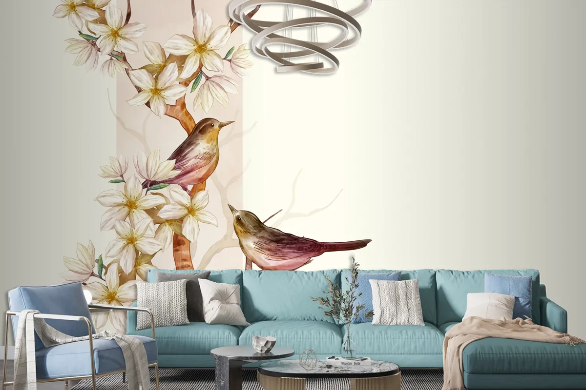 Asian Flower Watercolor With Birds Wallpaper Mural