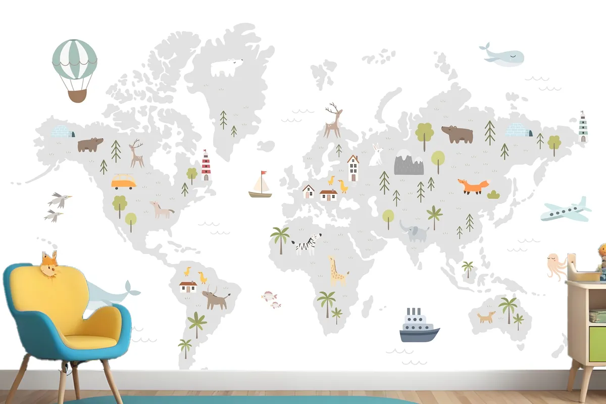 World Map With Animals Houses Nature Elements Wallpaper Mural