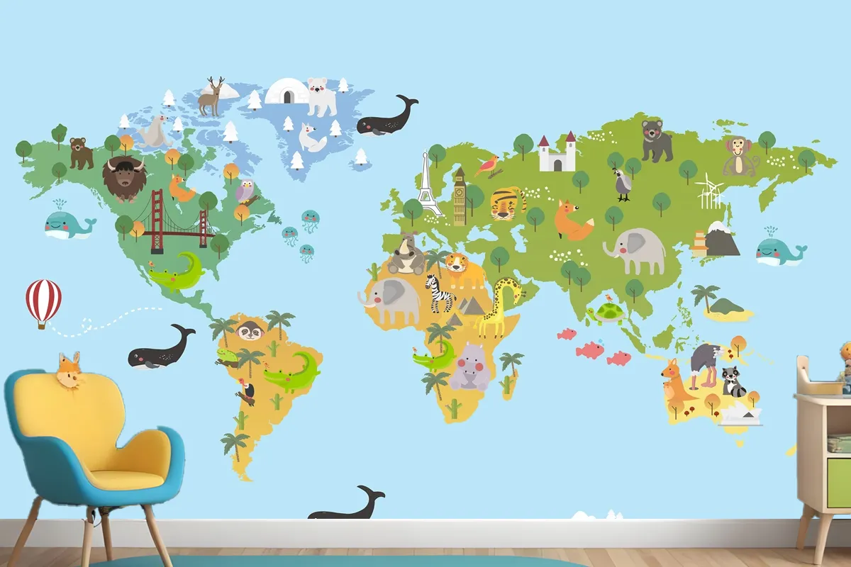 Animal World Map Wallpaper Mural