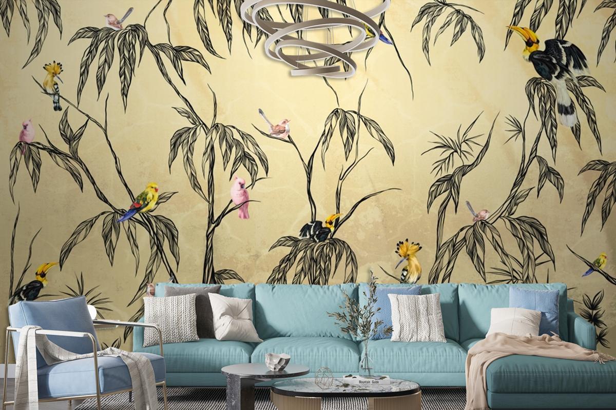 Bird In The Tropics On A Textured Beige Wallpaper Mural