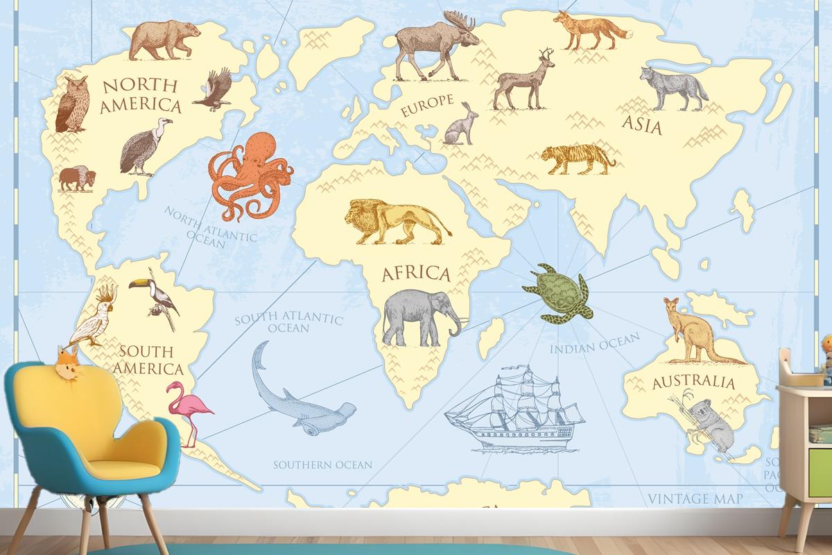 Vintage World Map With Wild Animals Wallpaper Mural