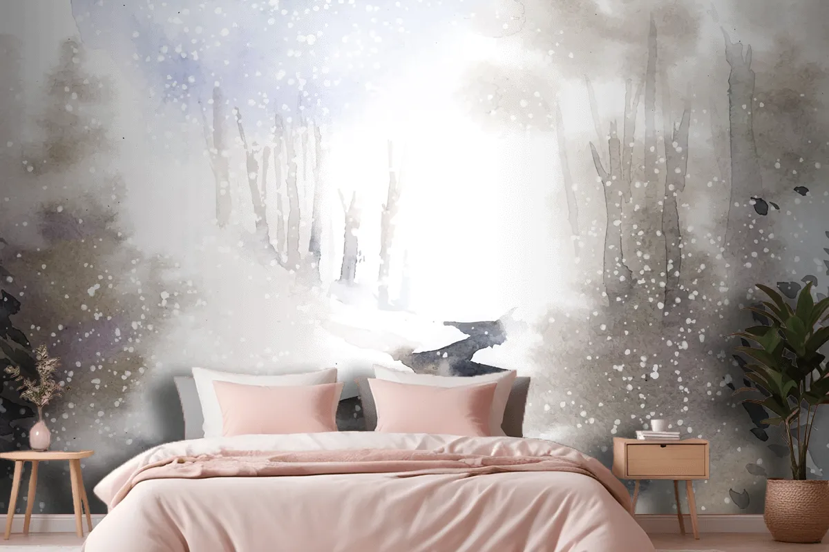 Winter Wonderland Landscape Painted By Watercolor Wallpaper Mural