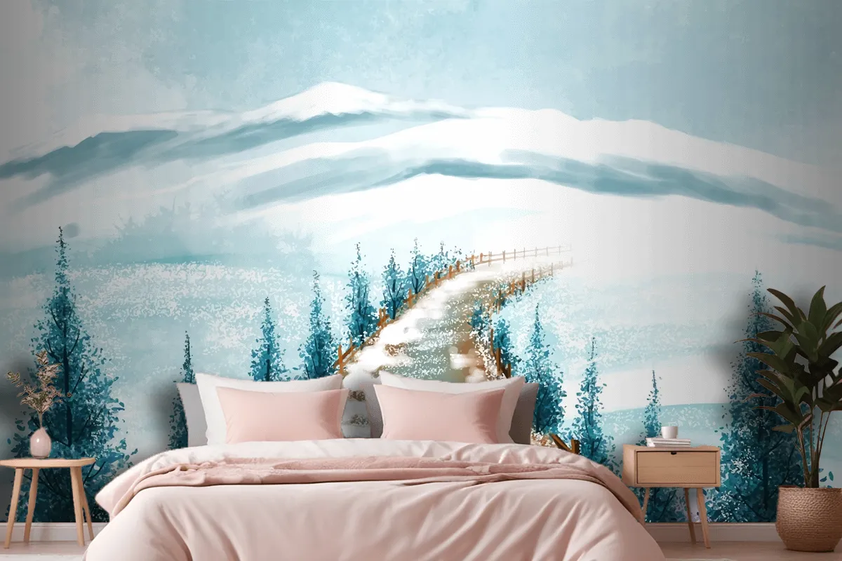 Winter Landscape With Snowy Christmas Tree Card Wallpaper Mural