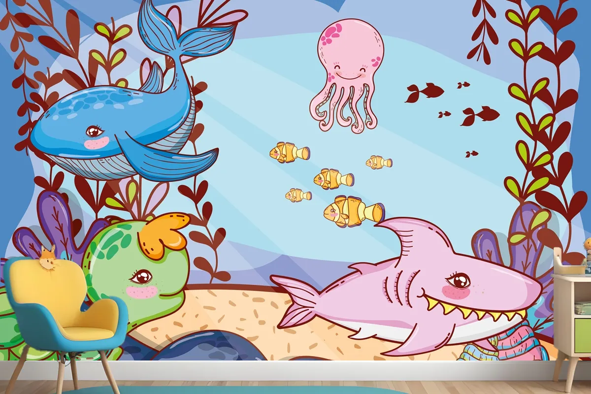 Cute Sea Animals With Seaweed Plants Wallpaper Mural