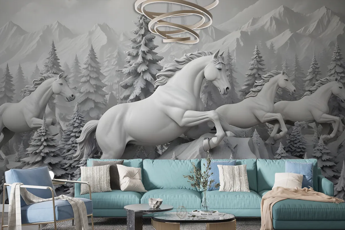 3D Embossed Look Cement Angel Horses Wallpaper Mural