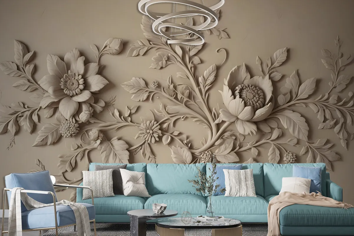 3D Embossed Look Cement Floral Tree Wallpaper Mural