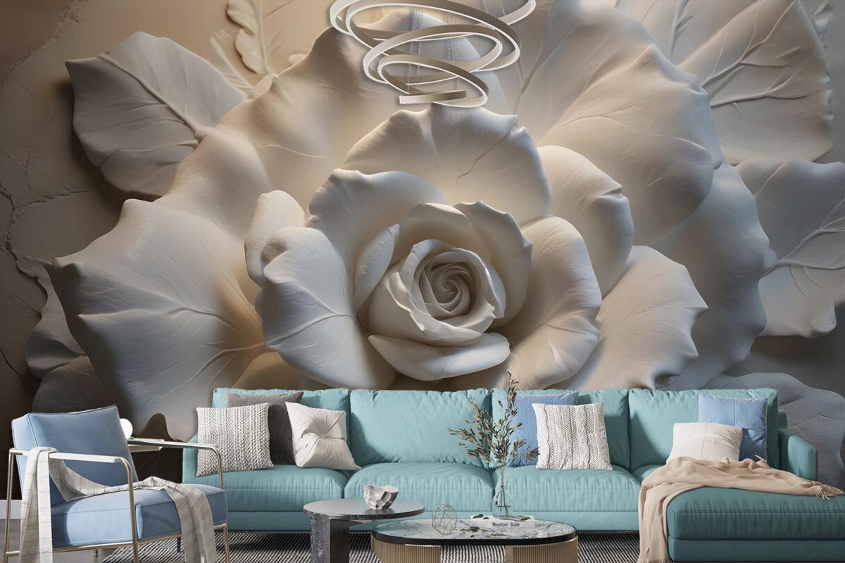 3D Embossed Look Cement Roses Wallpaper Mural