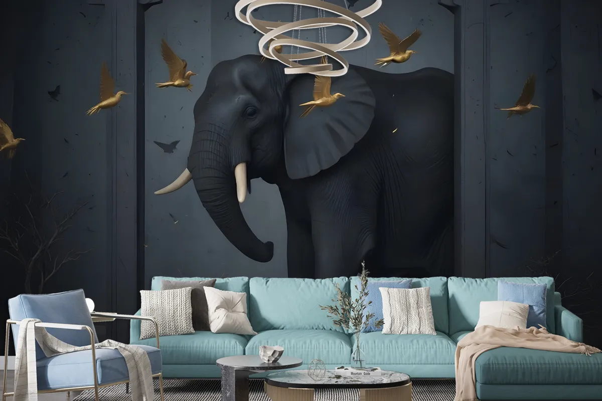 3D Embossed Look Dark Elephant And Birds Wallpaper Mural