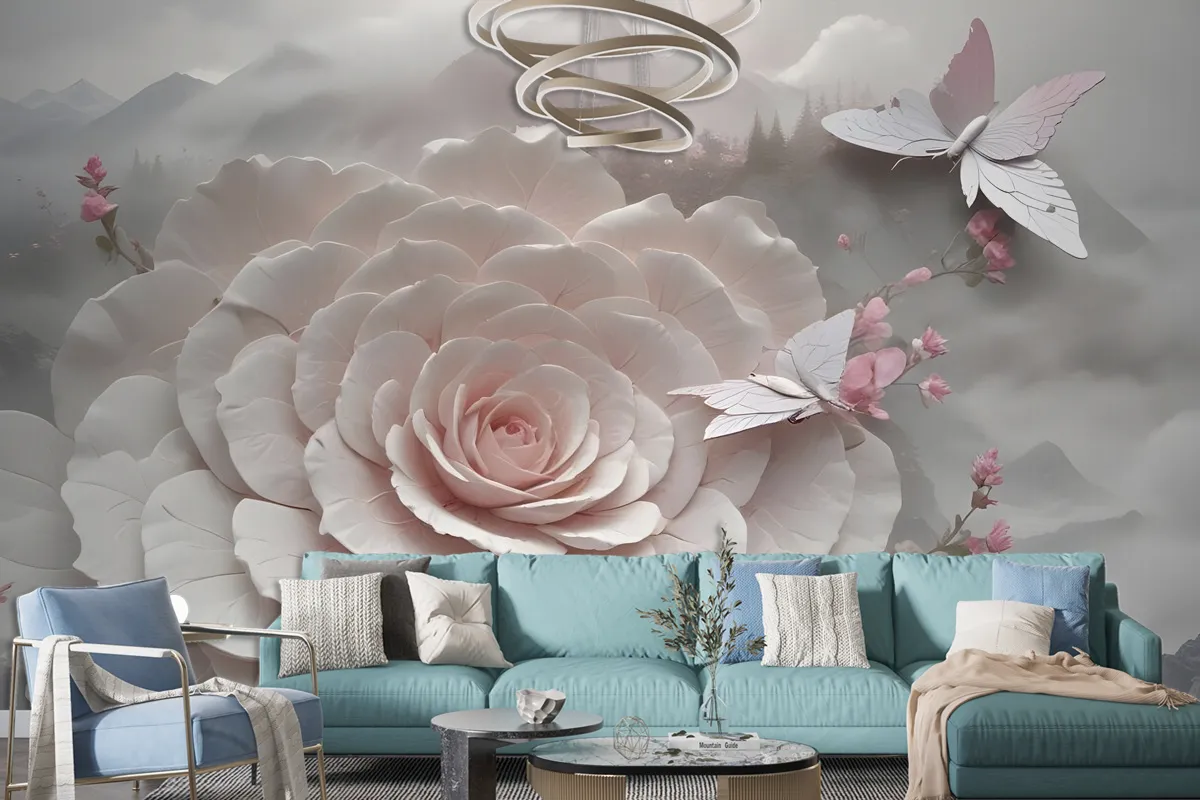 3D Embossed Look Flowers And Butterfly Wallpaper Mural