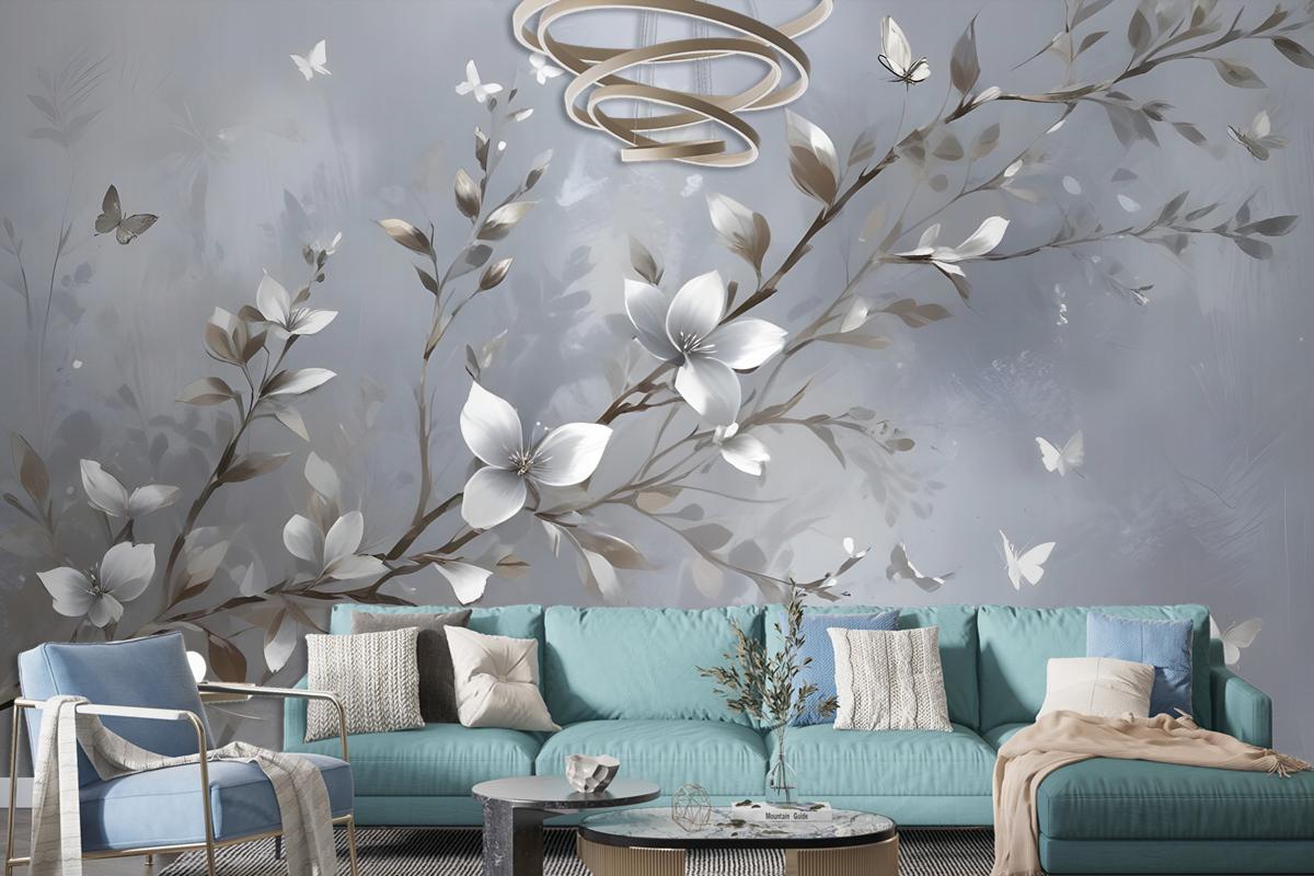 3D Embossed Look Magnolia Blossom And Butterfly Wallpaper Mural