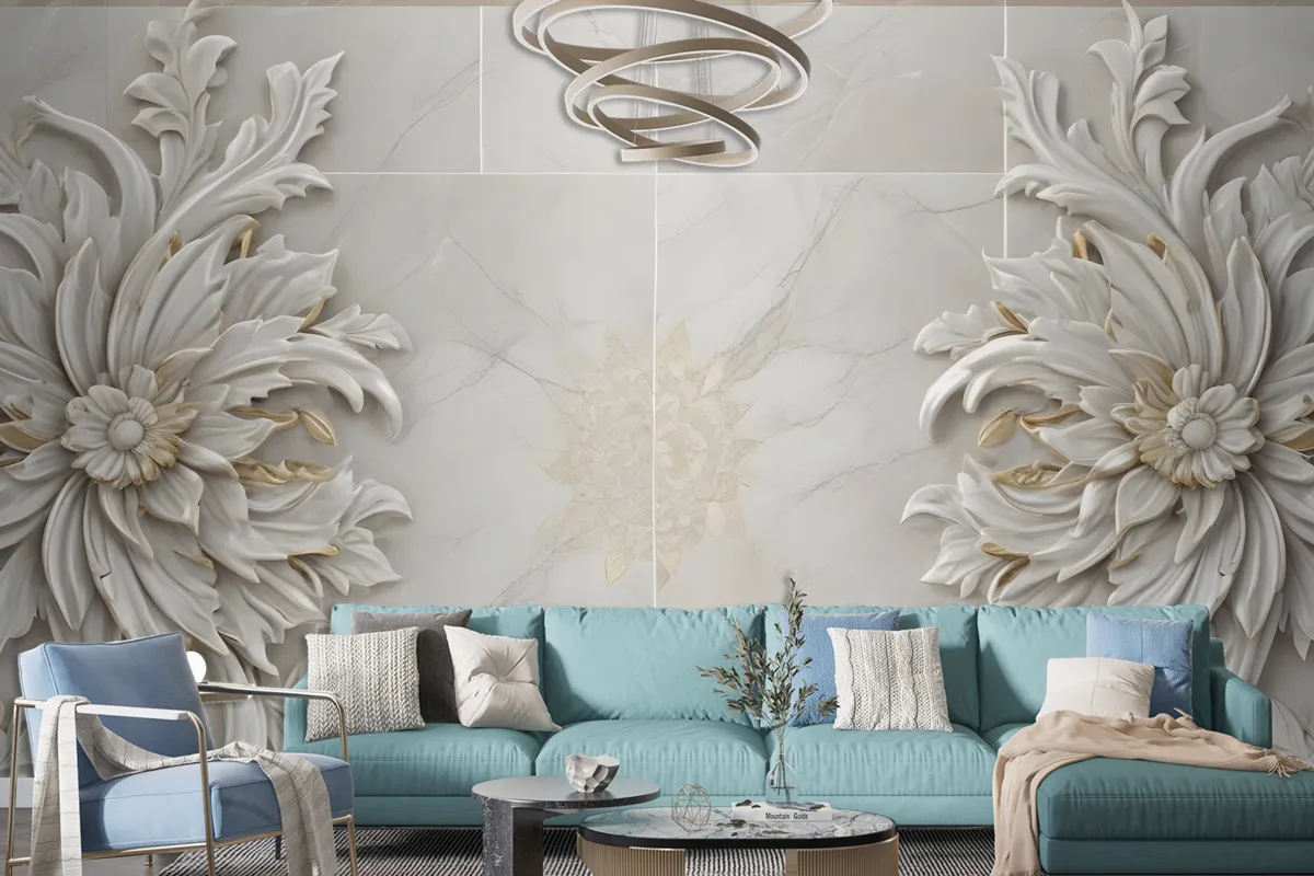 3D Embossed Look Marble Sunflower Wallpaper Mural