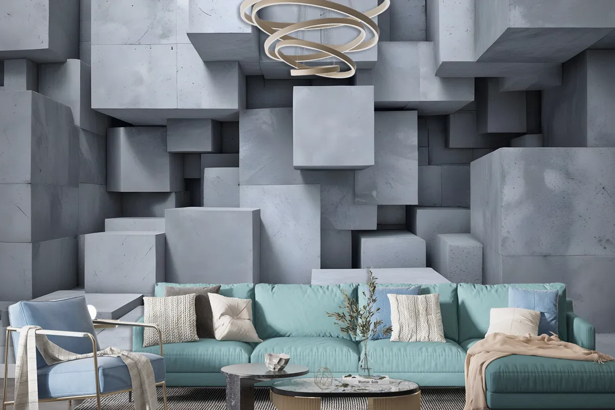 3D Look Concrete Style Gray Abstract Cubes Wallpaper Mural