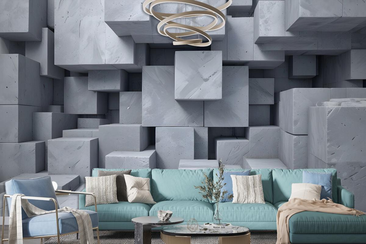 3D Look Concrete Style Gray Abstract Cubes Wallpaper Mural