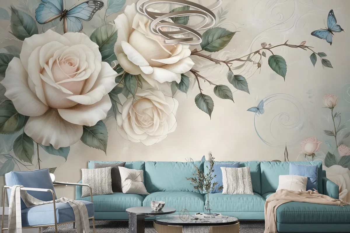 3D Look Cream Rose Floral Wallpaper Mural