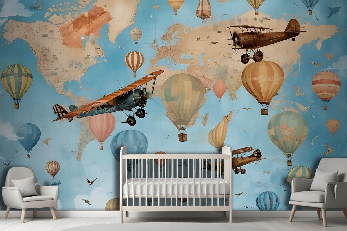 3D Look Kids World Map With Hot Air Balloon Wallpaper Mural