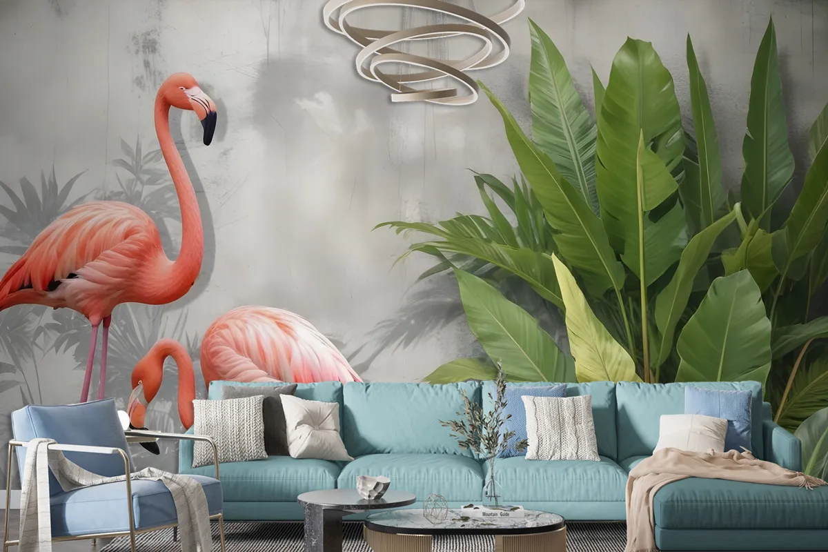 3D Look Pink Flamingo With Tropical Leaves Wallpaper Mural