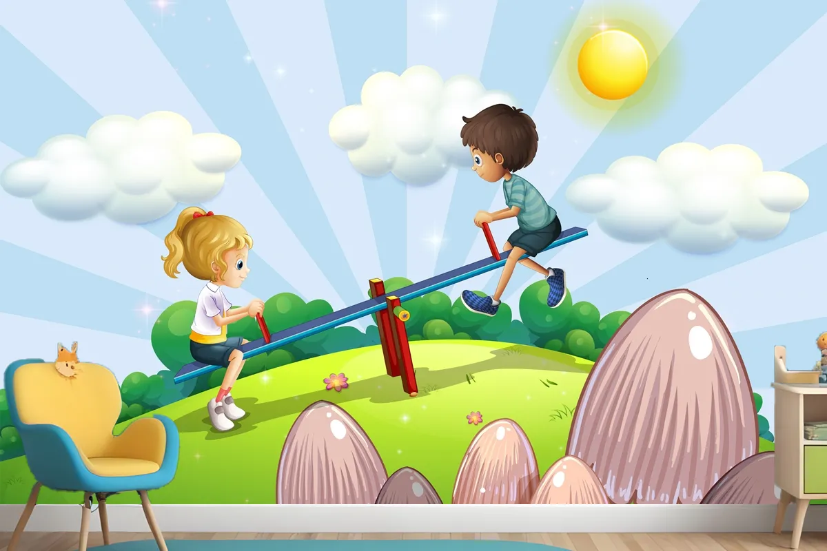 A Boy And A Girl Riding A Seesaw Wallpaper Mural