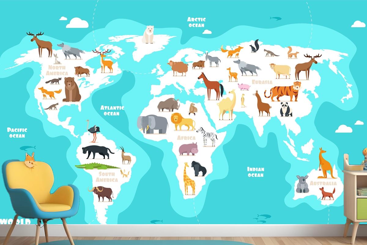 World Map With Animals Earth Discovery Funny Kids Geography Wallpaper Mural