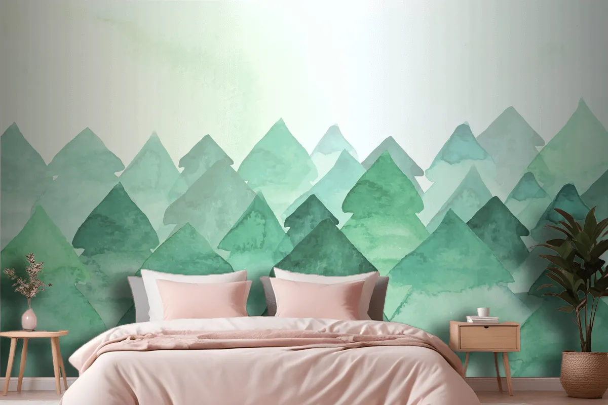 Watercolor Painting With Fir Trees Wallpaper Mural