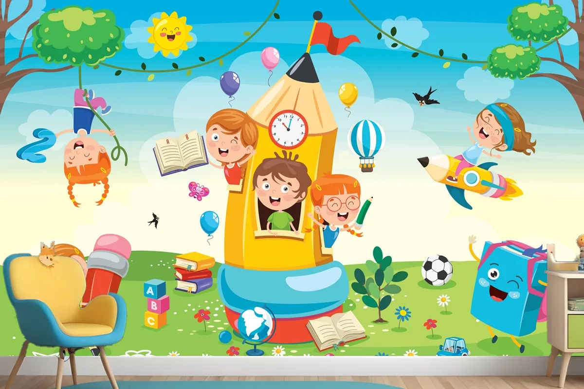 Cute Children Playing At Pencil House Wallpaper Mural