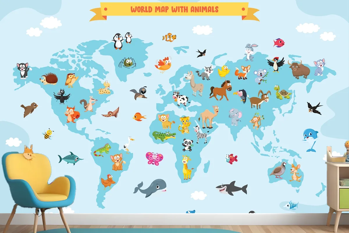 World Map With Cartoon Animals Wallpaper Mural