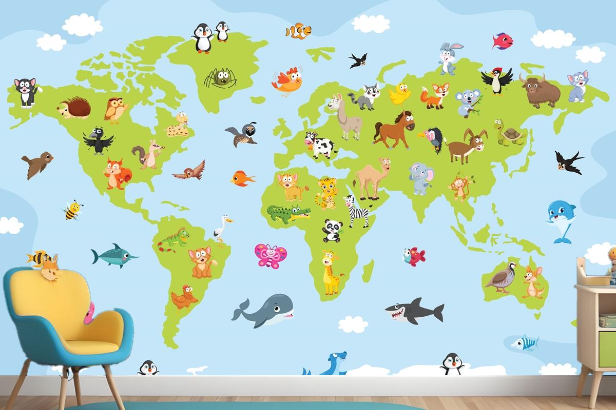 World Map With Cartoon Animals Wallpaper Mural